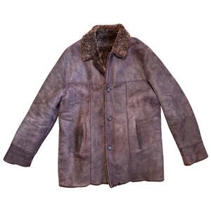 Vintage Brown Short Shearling Leather Button Up Warm Cozy Jacket Coat Men's Sz L